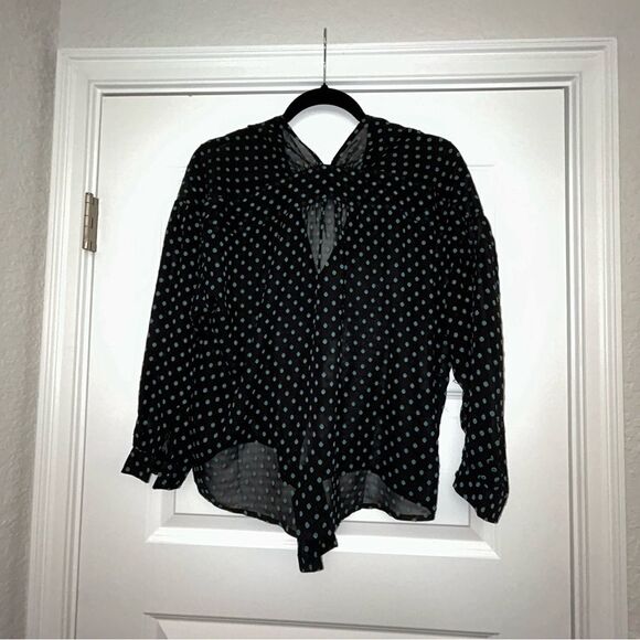 Current Air Sheer Swiss Dot Tie Front Long Sleeve Shirt Blouse Top - Picture 8 of 9